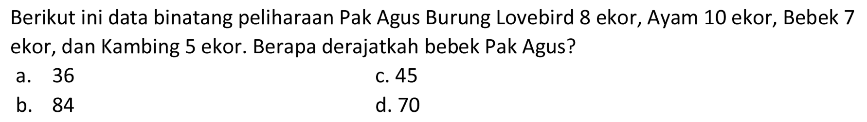 Berikut ini data binatang peliharaan Pak Agus Burung Lovebird 8 ekor, Ayam 10 ekor, Bebek 7 ekor, dan Kambing 5 ekor. Berapa derajatkah bebek Pak Agus?
