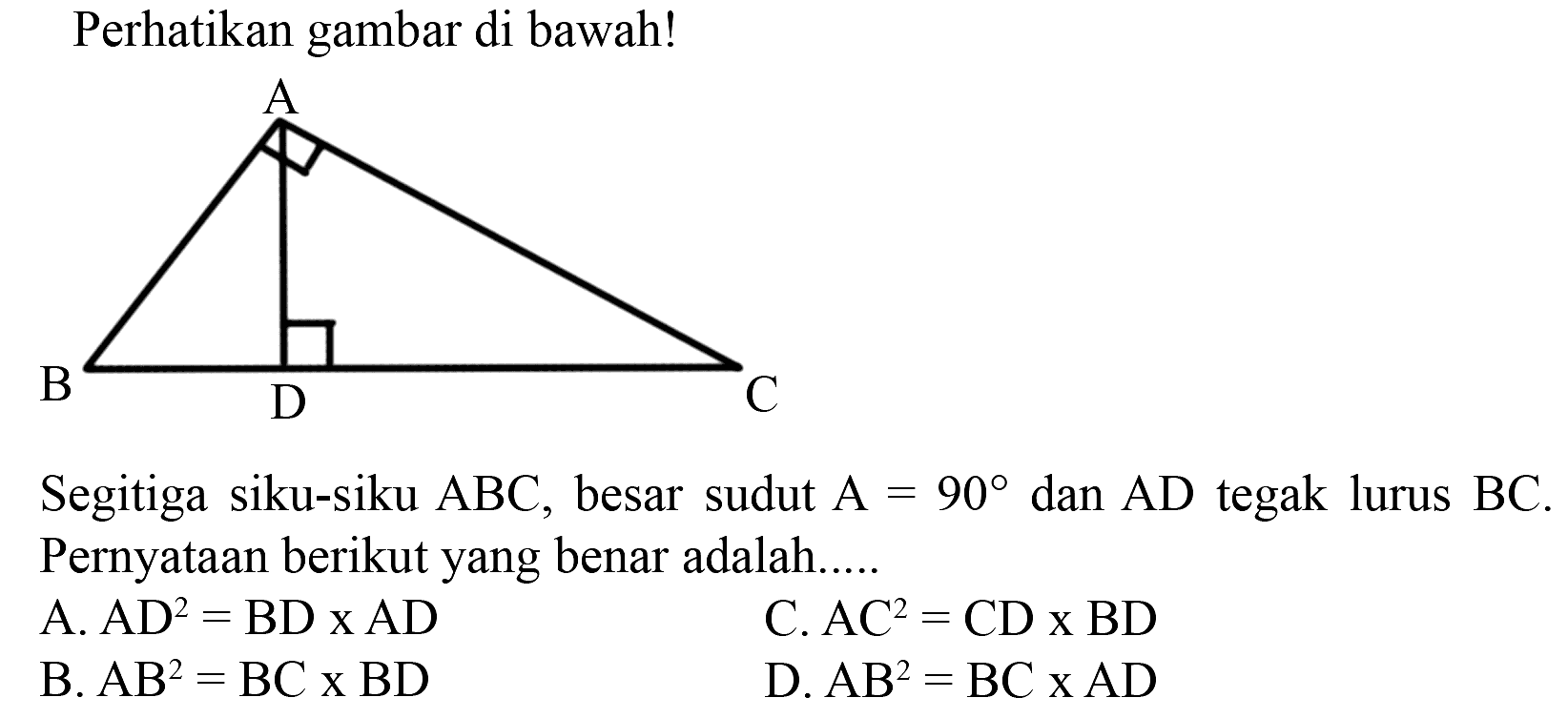 Perhatikan gambar di bawah! 
A B D C 
Segitiga siku-siku ABC, besar sudut A = 90 dan AD tegak lurus BC. Pernyataan berikut yang benar adalah 
A. AD^2 = BD x AD C. AC^2 = CD x BD B.  AB^2 = BC x BD D. AB^2 = BC x AD