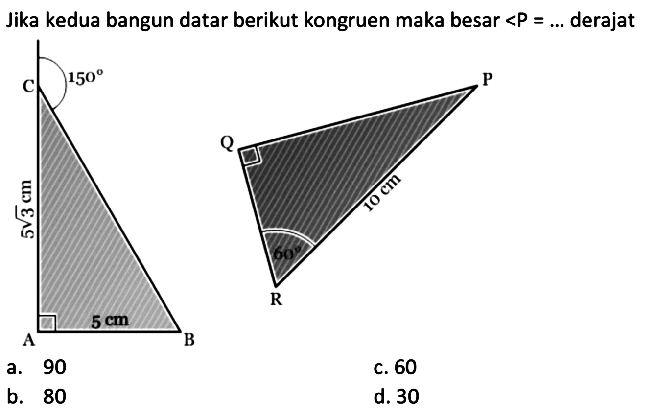 Jika kedua bangun datar berikut kongruen maka besar sudut P = ... derajat 
C 150 5 akar(3) cm A 5 cm B 
P Q 10 cm 60 R