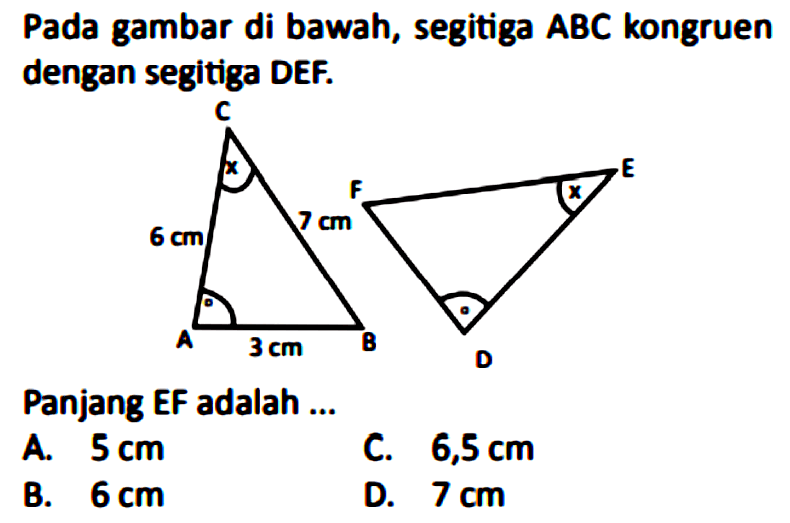 Pada gambar di bawah, segitiga ABC kongruen dengan segitiga DEF.C 6 cm 7 cm A 3 cm B F E D Panjang EF adalah ... A. 5 cm C. 6,5 cm B. 6 cm D. 7 cm