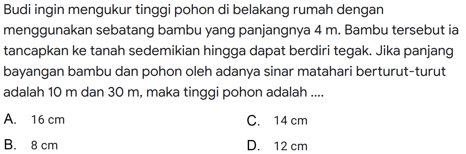 Budi ingin mengukur tinggi pohon di belakang rumah dengan menggunakan sebatang bambu yang panjangnya 4 m. Bambu tersebut ia tancapkan ke tanah sedemikian hingga dapat berdiri tegak. Jika panjang bayangan bambu dan pohon oleh adanya sinar matahari berturut-turut adalah 10 m dan 30 m, maka tinggi pohon adalah ....