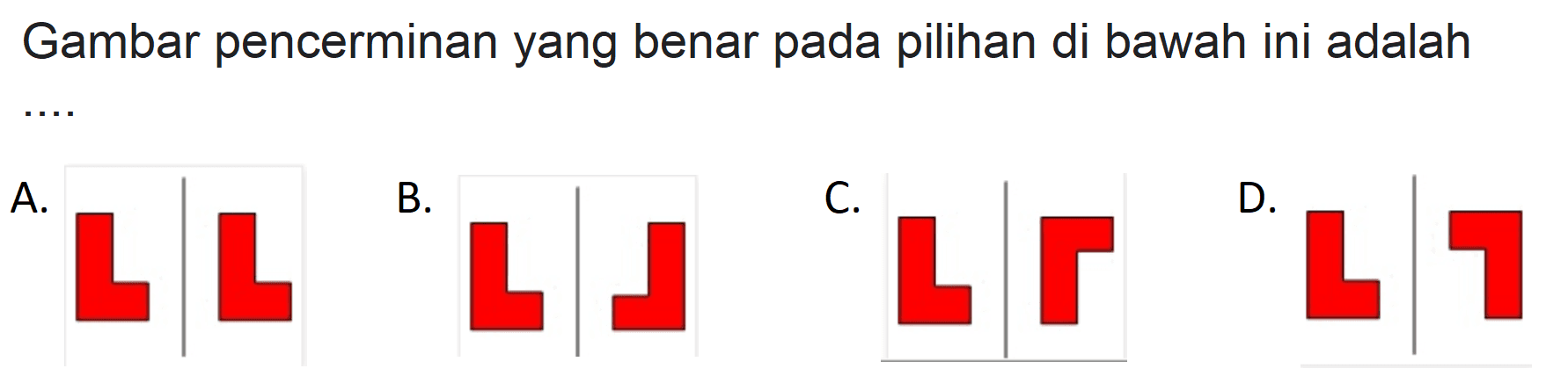 Gambar pencerminan yang benar pada pilihan di bawah ini adalah .... 
A. B. C. D.