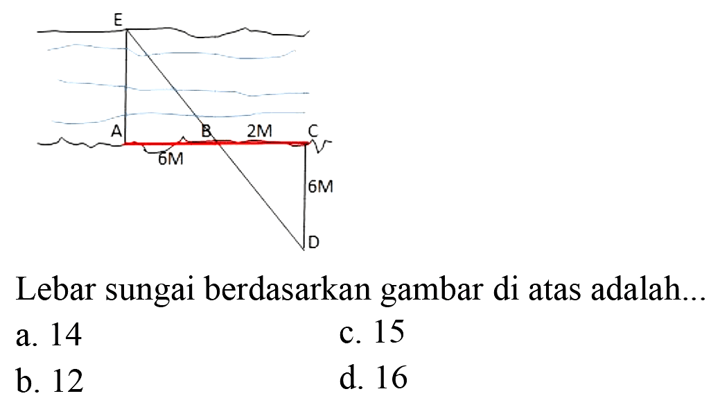 A B C D E 6M 2M 6M
Lebar sungai berdasarkan gambar di atas adalah...
