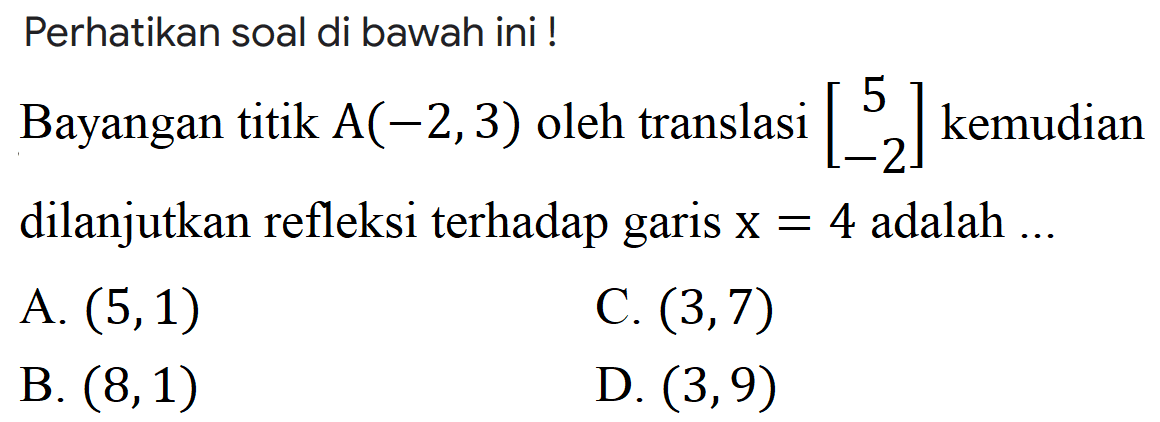 Perhatikan soal di bawah ini! 
Bayangan titik A(-2, 3) oleh translasi [5 -2] kemudian dilanjutkan refleksi terhadap garis x = 4 adalah 
