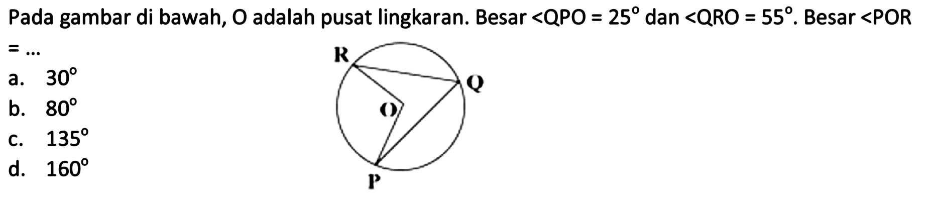 Pada gambar di bawah, O adalah pusat lingkaran. Besar sudut QPO = 25 dan sudut QRO = 55. Besar sudut POR = ... 
R Q O P