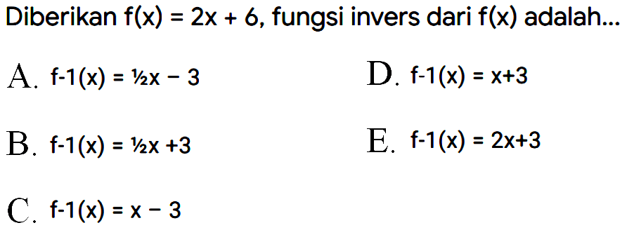 Diberikan f(x)=2x+6, fungsi invers dari f(x) adalah