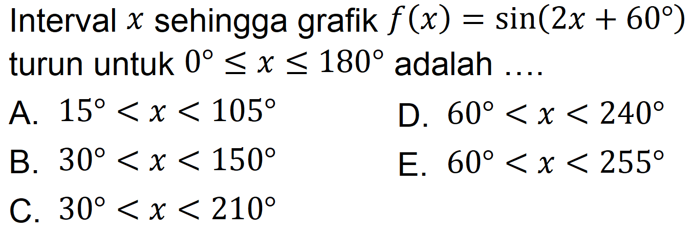 Interval x sehingga grafik  f(x)=sin(2x+60) turun untuk 0<=x<=180 adalah ... 