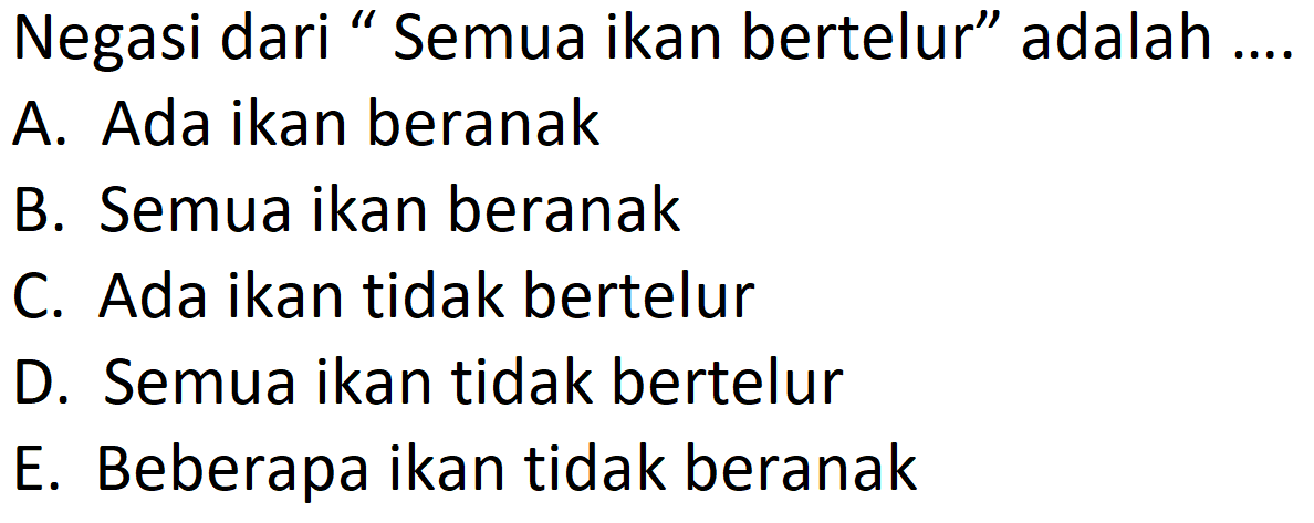 Negasi dari "Semua ikan bertelur" adalah ....