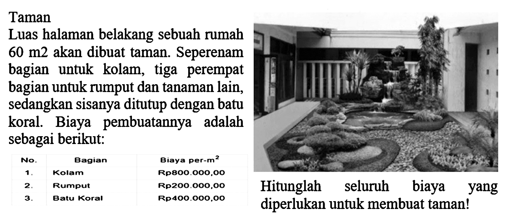 Taman 
Luas halaman belakang sebuah rumah 60 m^2 akan dibuat taman. Seperenam bagian untuk kolam, tiga perempat bagian untuk rumput dan tanaman lain, sedangkan sisanya ditutup dengan batu koral. Biaya pembuatannya adalah sebagai berikut:
No. Bagian Biaya per-m^2
1. Kolam Rp800.000,00
2. Rumput Rp200.000,00
3. Batu Koral Rp400.000,00 
Hitunglah seluruh biaya yang diperlukan untuk membuat taman!