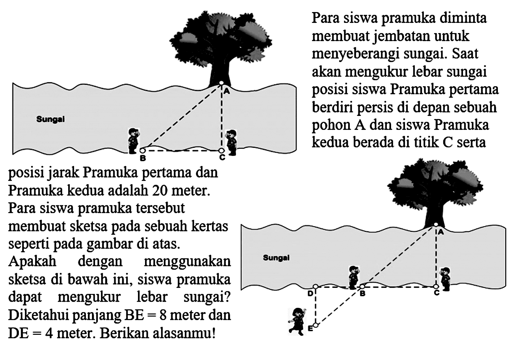 Para siswa pramuka diminta membuat jembatan untuk menyebrangi sungai. Saat akan mengukur lebar sungai posisi siswa Pramuka pertama berdiri persis di depan sebuah pohon A dan siswa Pramuka kedua berada di titik C serta posisi jarak Pramuka oertama dan Pramuka kedua adalah 20 meter. Para siswa pramuka tersebut membuat sketsa pada sebuah kertas seperti pada gambar di atas. Apakah dengan menggunakan sketsa di bawah ini, siswa pramuka dapat mengukur lebar sungai? Diketahui panjang BE = 8 meter dan DE = 4 meter. Berikan alasanmu!