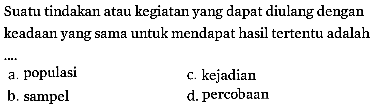 Suatu tindakan atau kegiatan yang dapat diulang dengan keadaan yang sama untuk mendapat hasil tertentu adalah
