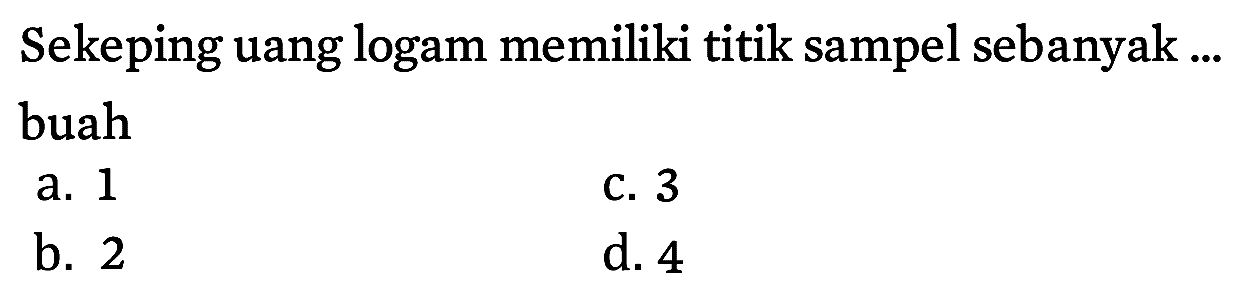 Sekeping uang logam memiliki titik sampel sebanyak ... buah
