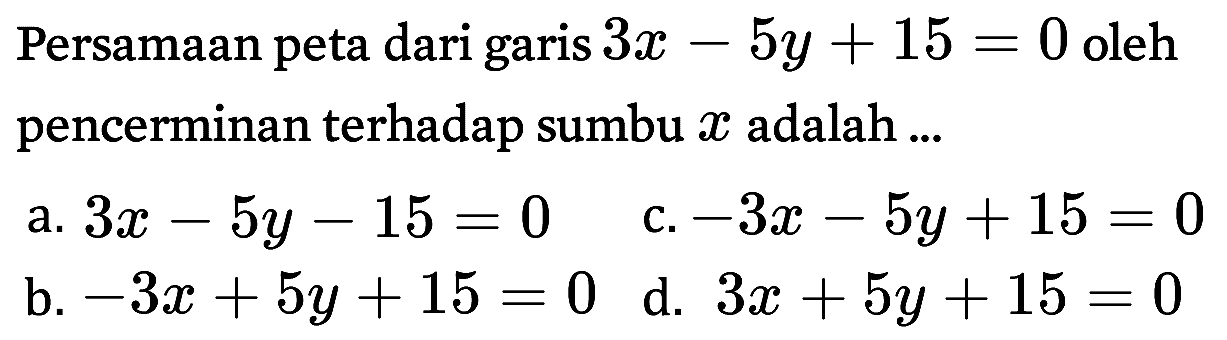 Persamaan peta dari garis 3x - 5y + 15 = 0 oleh pencerminan terhadap sumbu x adalah