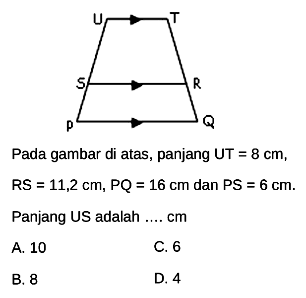 U T S R P Q Pada gambar di atas, panjang UT =8 cm, RS=11,2 cm, PQ=16 cm dan PS=6 cm. Panjang US adalah .... cm
A. 10
C. 6
B. 8
D. 4