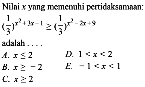 Nilai x yang memenuhi pertidaksamaan: (1/3)^(x^2+3x-1)>=(1/3)^(x^2-2x+9) adalah ....
