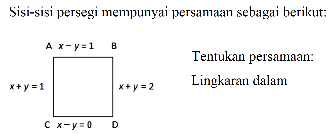 Sisi-sisi persegi mempunyai persamaan sebagai berikut : A x - y = 1 B x + y = 2 D x - y = 0 C x + y = 1