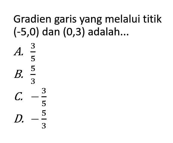 Gradien garis yang melalui titik (-5,0) dan (0,3) adalah..... A. 3/5 B. 5/3 C. - 3/5 D. - 5/3