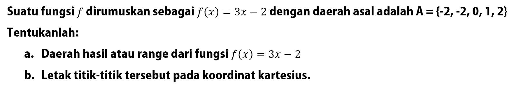 Suatu fungsi f dirumuskan sebagai f(x) = 3x - 2 dengan daerah asal adalah A = {-2, -2, 0, 1, 2} Tentukanlah: a. Daerah hasil atau range dari fungsi f(x) = 3x - 2 b. Letak titik-titik tersebut pada koordinat kartesius.