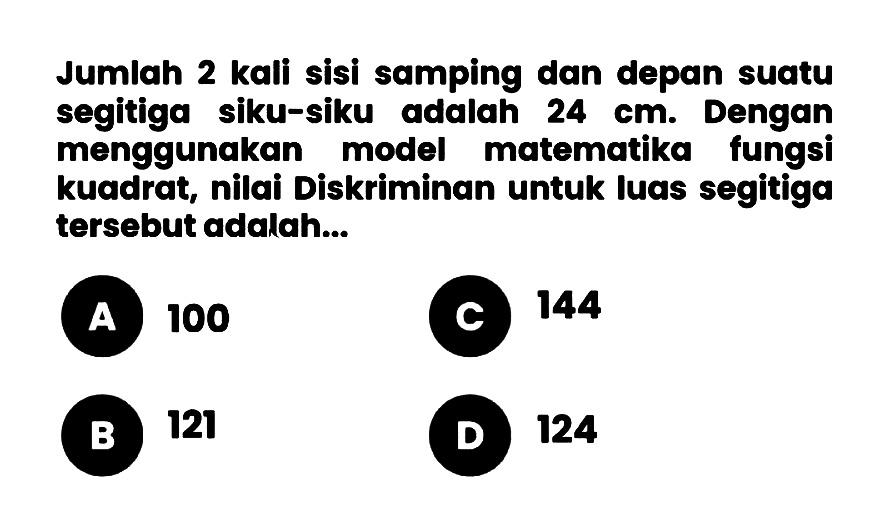 Jumlah 2 kali sisi samping dan depan suatu segitiga siku-siku adalah 24 cm. Dengan menggunakan model matematika fungsi kuadrat, nilai Diskriminan untuk luas segitiga tersebut adalah....