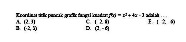 Koordinat titik puncak grafik fungsi kuadrat f(x) = x^2 + 4x - 2 adalah ....