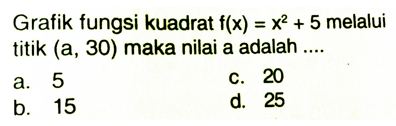 Grafik fungsi kuadrat f(x) = x^2 + 5 melalui titik (a, 30) maka nilai a adalah ...