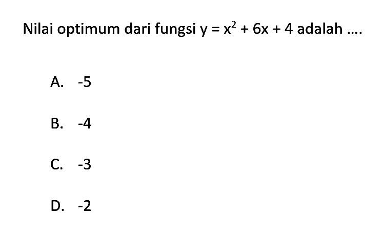 Nilai optimum dari fungsi y = x^2 + 6x + 4 adalah A. -5 B. -4 C. -3 D. -2