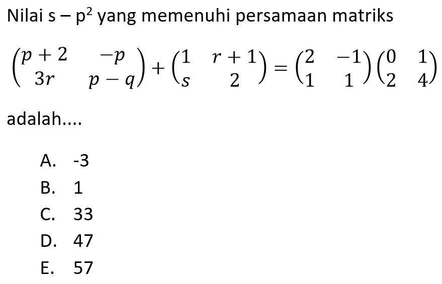 Nilai s-p^2 yang memenuhi persamaan matriks (p+2 -p 3r p-q)+(1 r+1 s 2)=(2 -1 1 1)(0 1 2 4) adalah....