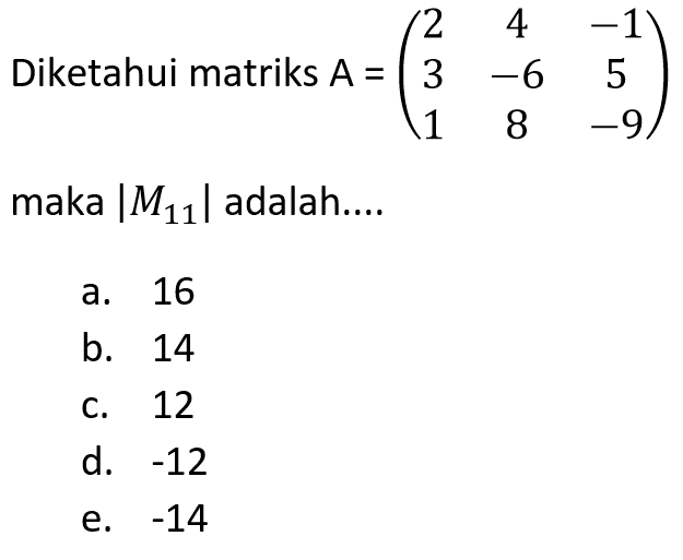 Diketahui matriks A=(2 4 -1 3 -6 5 1 8 -9) maka |M11| adalah....