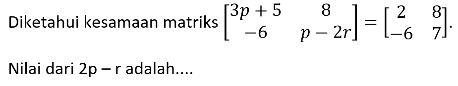 Diketahui kesamaan matriks [3p+5 8 -6 p-2r]=[2 8 -6 7]. Nilai dari 2p-r adalah ...