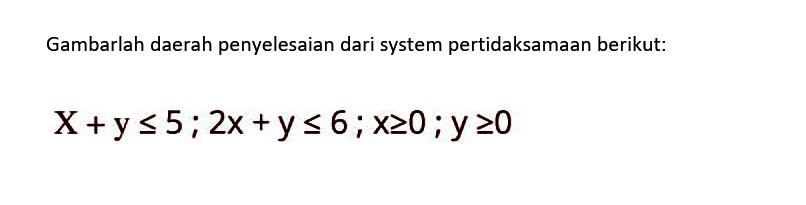 Gambarlah daerah penyelesaian dari system pertidaksamaan berikut: x+y<=5; 2x+y<=6; x>=0; y>=0