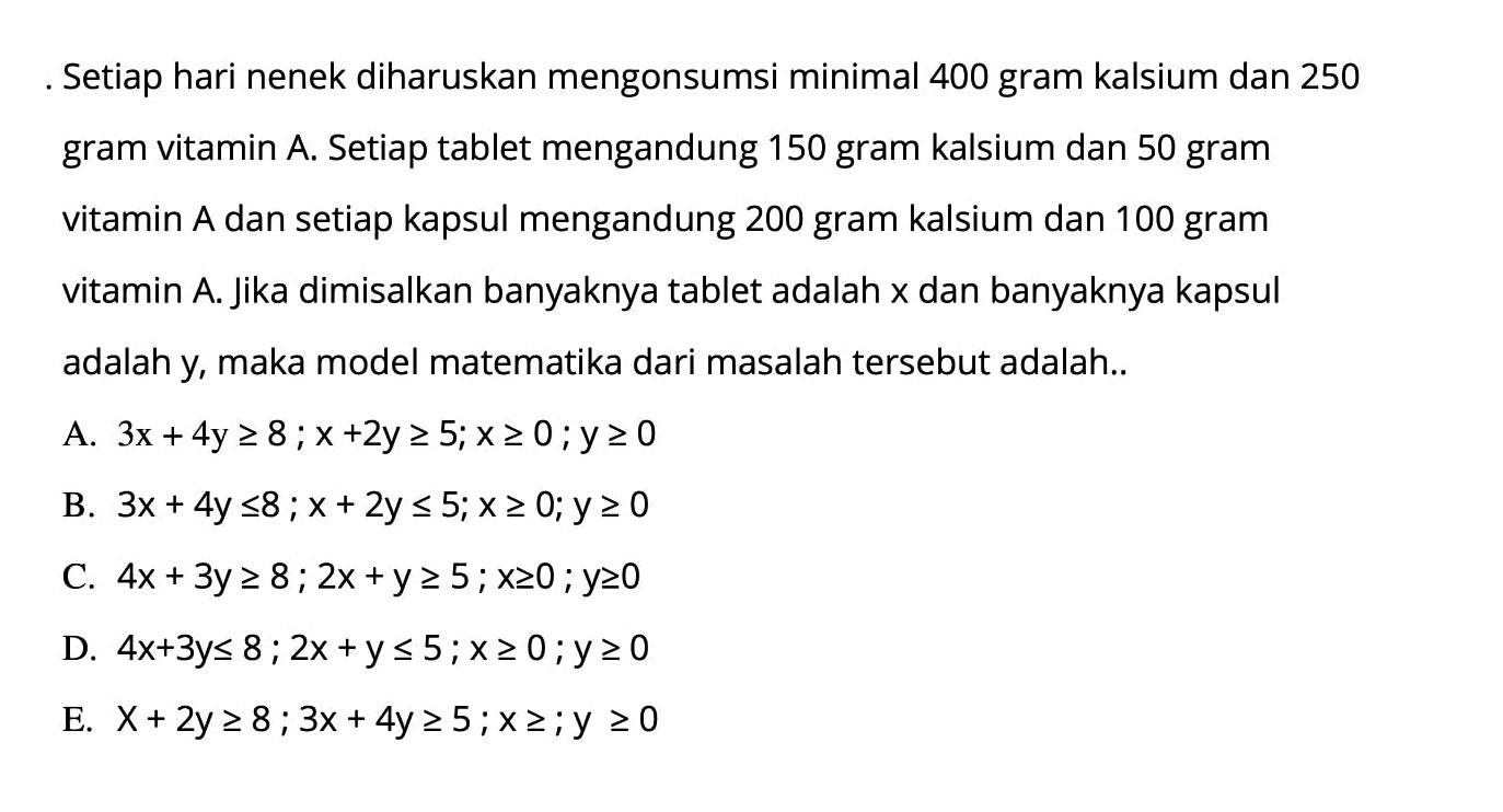 Setiap hari nenek diharuskan mengonsumsi minimal 400 gram kalsium dan 250 vitamin A. Setiap tablet mengandung 150 gram kalsium dan 50 gram gram vitamin A dan setiap kapsul mengandung 200 gram kalsium dan 100 gram vitamin A Jika dimisalkan banyaknya tablet adalah x dan banyaknya kapsul adalah y, maka model matematika dari masalah tersebut adalah.. A. 3x + 4y>=8;x+2y>= 5;x>=0; y>=0 B. 3x + 4y<=8;x+2y<=5; x>=0; y>=0 C. 4x+3y>=8;2x+y>= 5; x>=0; y>=0 D. 4x + 3y<=8;x+2y<= 5;x>=0; y>=0 E. X+2y>=8;3x+4y>= 5; x>=0; y>=0