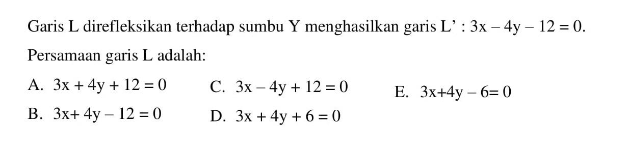 Garis L direfleksikan terhadap sumbu Y menghasilkan garis L': 3x-4y-12=0. Persamaan garis L adalah: 