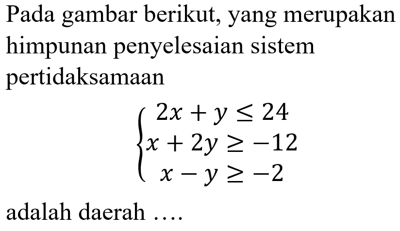 Pada gambar berikut, yang merupakan himpunan penyelesaian sistem pertidaksamaan 2x +y <= 24 x + 2y >=-12 x -y>=-2 adalah daerah