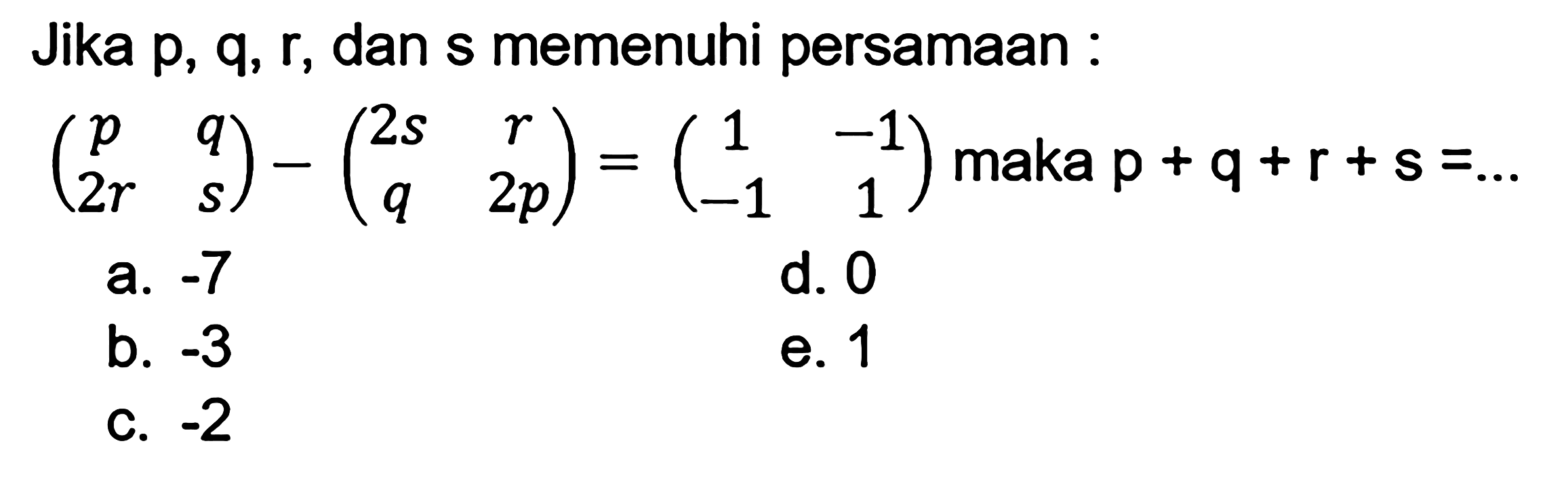 Jika p,q,r dan s memenuhi persamaan: (p q 2r s)-(2s r q 2p)=(1 -1 -1 1) maka p+q+r+s=...