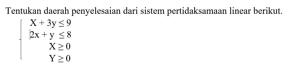 Tentukan daerah penyelesaian dari sistem pertidaksamaan linear berikut: X+3y<=9 2x+y<=8 X>=0 Y>0