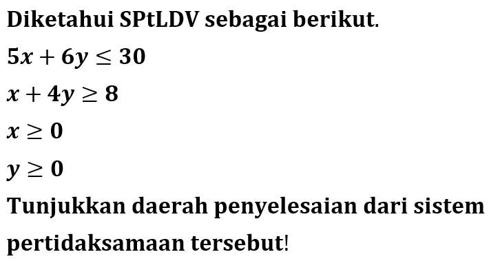 Diketahui SPtDLV sebagai berikut. 5x+6y<=30 x+4y>=8 x>=0 y>=0 Tunjukkan daerah penyelesaian dari sistem pertidaksamaan tersebut!