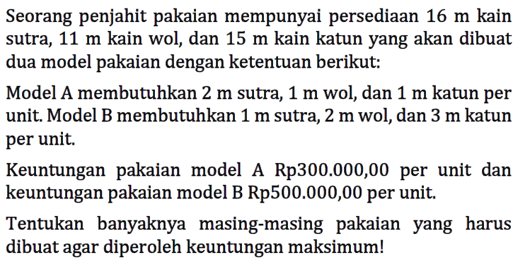 Seorang penjahit pakaian mempunyai persediaan 16 m kain sutra, 11 m kain wol, dan 15 m kain katun yang akan dibuat dua model pakaian dengan ketentuan berikut: Model A membutuhkan 2 m sutra, 1 m wol, dan 1 m katun per unit Model B membutuhkan 1m sutra, 2 m wol, dan 3 m katun per unit. Keuntungan pakaian model A Rp300.000,00 per unit dan keuntungan pakaian model B Rp500.000,00 per unit Tentukan banyaknya masing-masing pakaian yang harus dibuat agar diperoleh keuntungan maksimum!