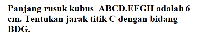 Panjang rusuk kubus ABCD.EFGH adalah 6 cm. Tentukan jarak titik C dengan bidang BDG.