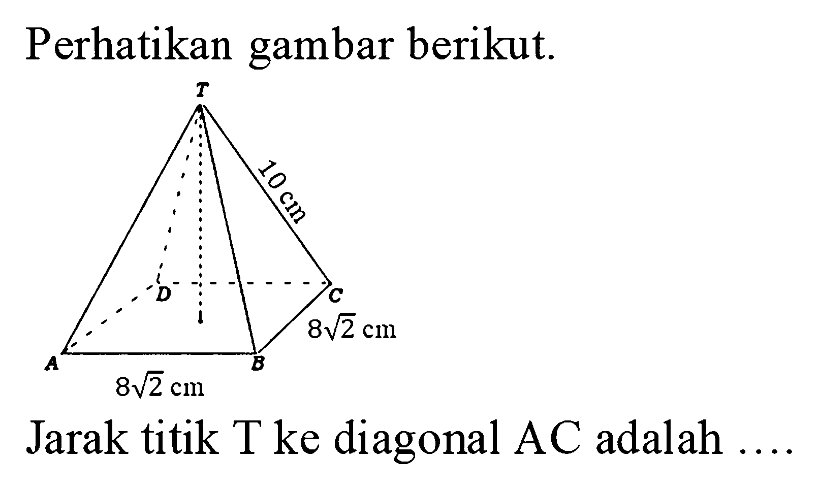 Perhatikan gambar berikut. Jarak titik T ke diagonal AC adalah...