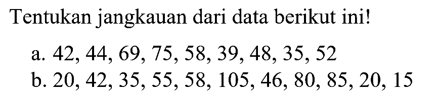 Tentukan jangakauan dari data berikut ini! a. 42,44,69,75,58,39,48,35,52 b. 20,42,35,55,58,105,46,80,85,20,15