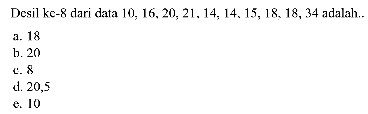 Desil ke-8 dari data 10,16,20,21,14,14,15,18,18,34 adalah ....