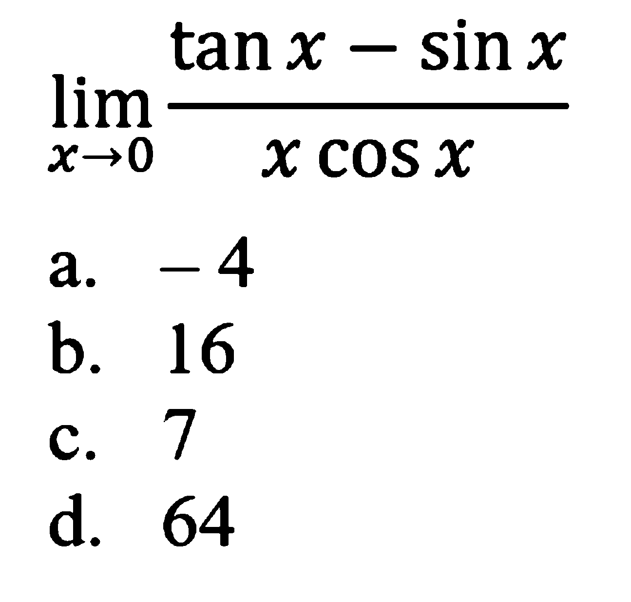 limit x->0 (tanx-sinx)/(xcosx)