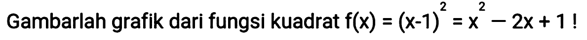 Gambarlah grafik dari fungsi kuadrat f(x) = (x - 1)^2 = x^2 - 2x + 1 !