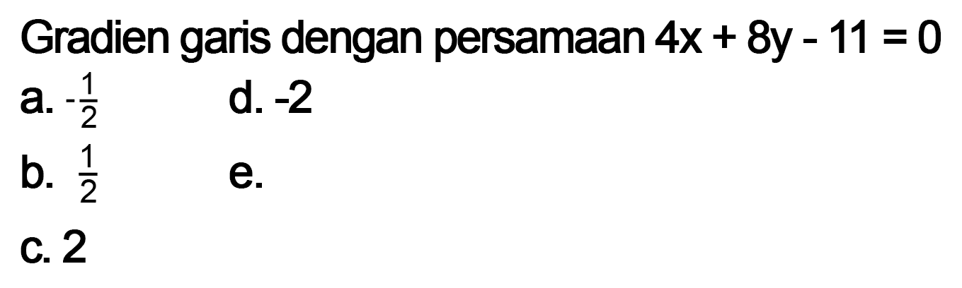 Gradien garis dengan persamaan 4x+8y-11=0