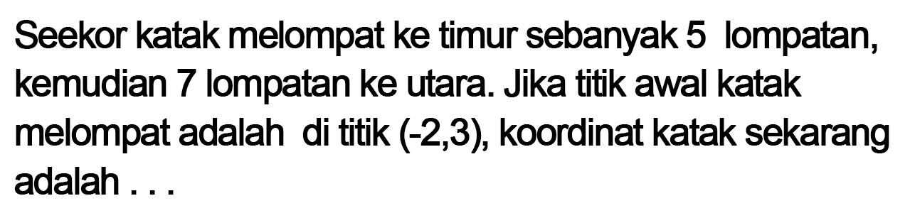 Seekor katak melompat ke timur sebanyak 5 lompatan, kemudian 7 lompatan ke utara. Jika titik awal katak melompat adalah di titik (-2,3), koordinat katak sekarang adalah