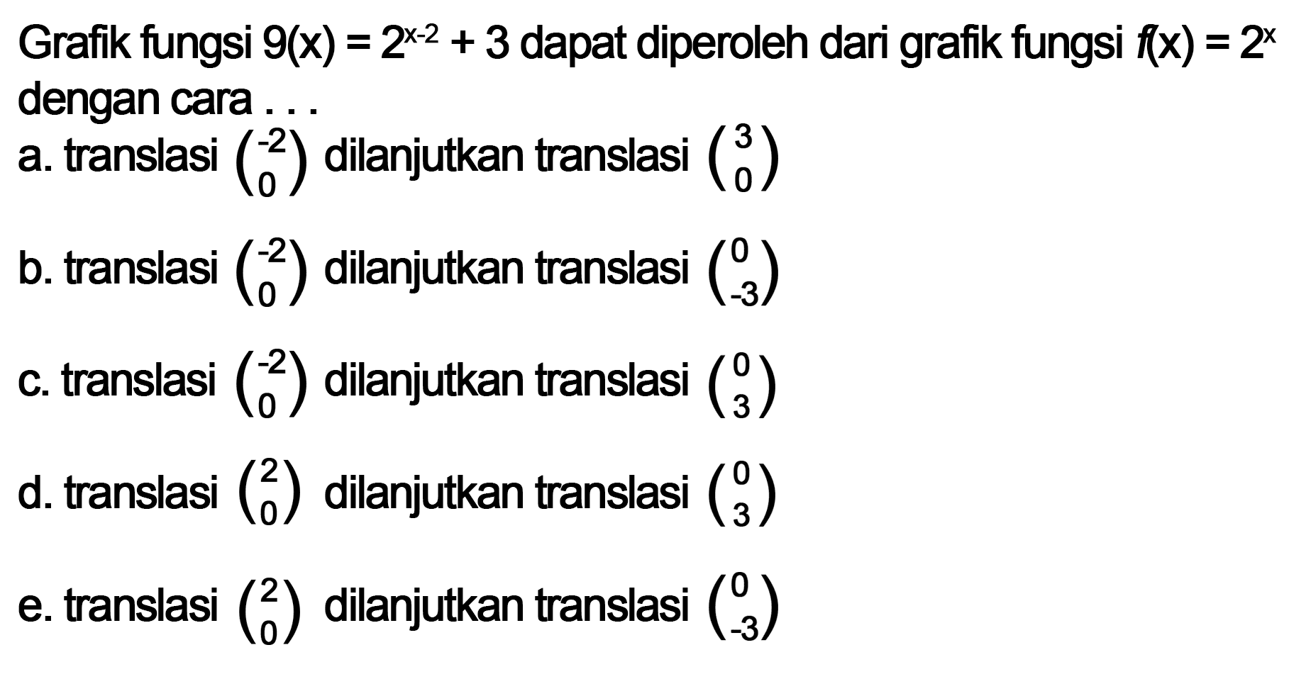 Grafik fungsi 9(x)=2^(x-2)+3 dapat diperoleh dari grafik fungsi f(x)=2^x dengan cara . . .