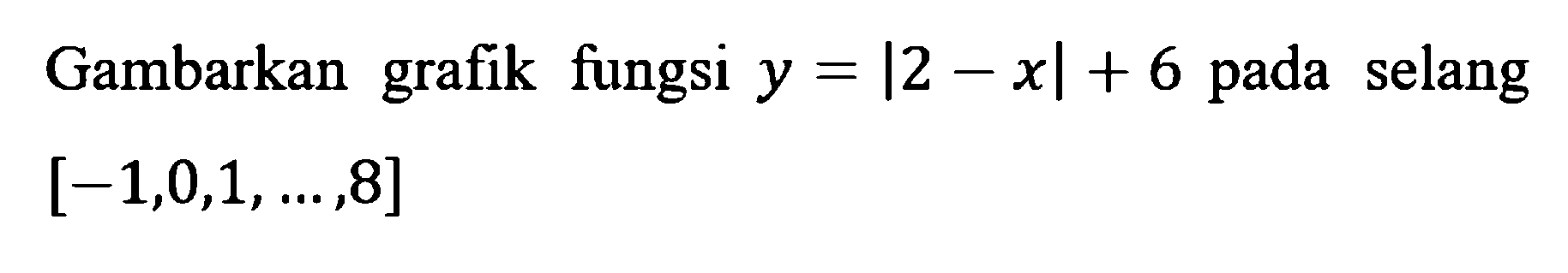 Gambarkan grafik fungsi y = |2-x|+ 6 pada selang [-1,0,1, ..,8]