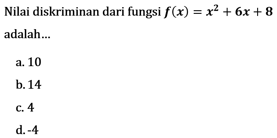 Nilai diskriminan dari fungsi f(x) = x^2 + 6x + 8 adalah ....