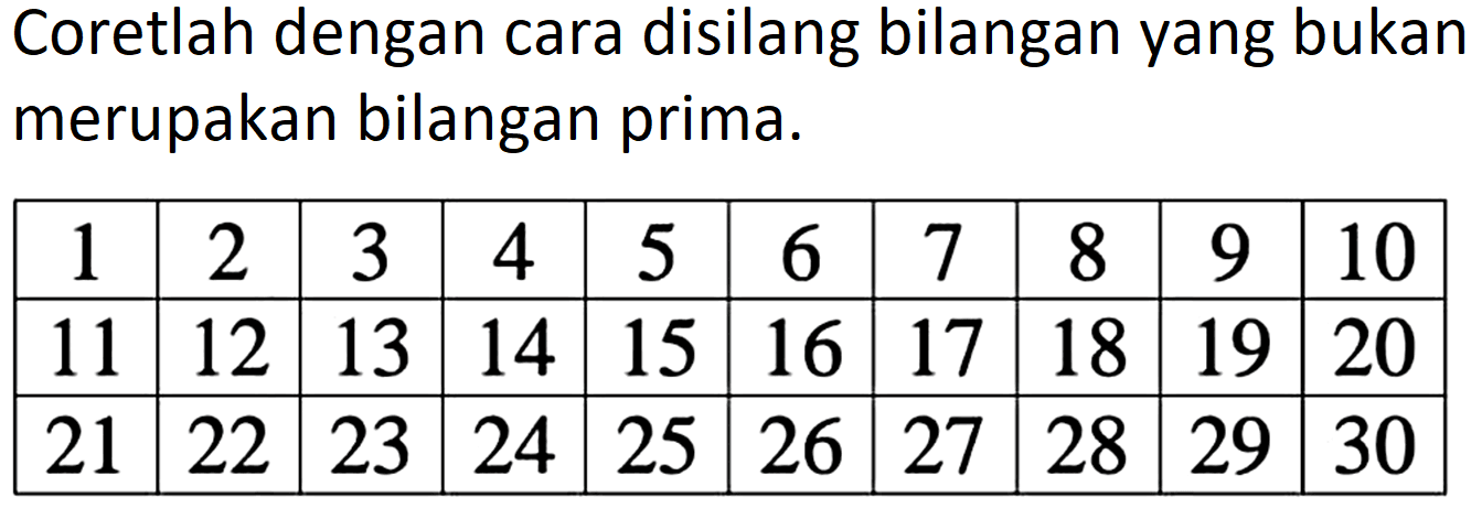 Coretlah dengan cara disilang bilangan yang bukan merupakan bilangan prima. 
1 2 3 4 5 6 7 8 9 10
11 12 13 14 15 16 17 18 19 20
21 22 23 24 25 26 27 28 29 30