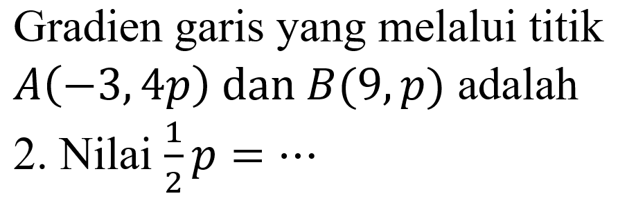 Gradien garis yang melalui titik A(-3,4p) dan B(9,p) adalah 2. Nilai 1/2 p = ...